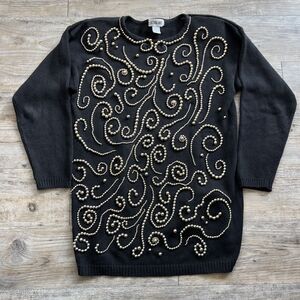Victoria Jones Vintage Sweater Small Black Gold Beaded Embellished 80s Holiday